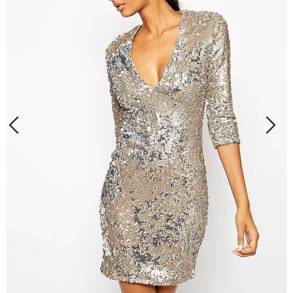 ASOS Design TFNC Body-Conscious Sequin Dress With Plunge Neckline Size US M - Picture 2 of 7